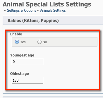 Animal Special List Settings